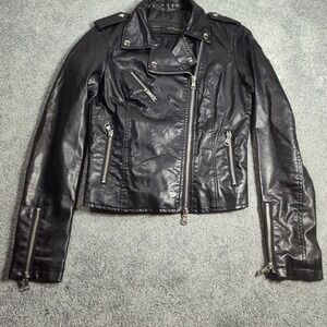 AFTF BASIC Womens Black Faux Leather Moto Jacket M Fits Small Silver Zip